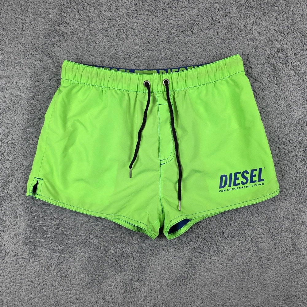 Diesel Swim Trunks Mens S Neon Green Blue Logo Drawstring Beachwear 2" Shorts